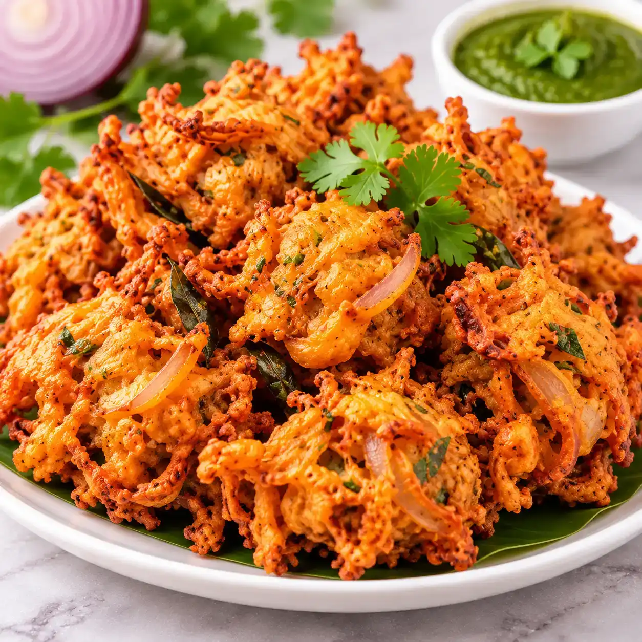 Onion Pakora — Crispy onion fritters seasoned with aromatic Indian spices at Apna Bazar Kitchen